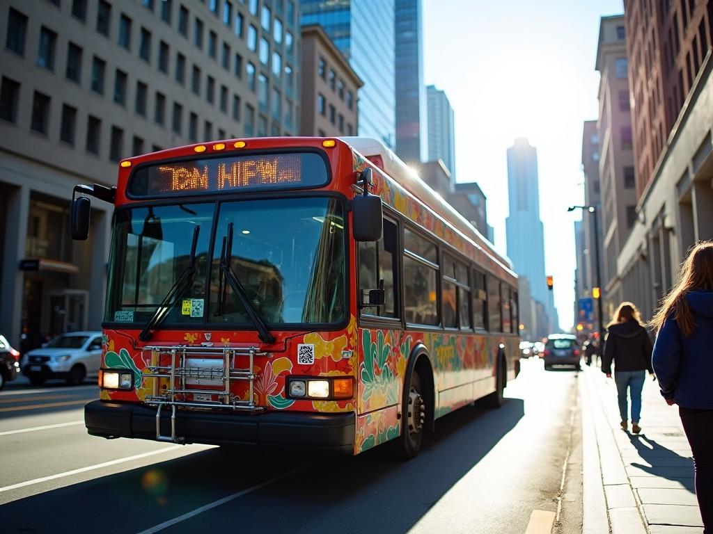 The image depicts a brightly decorated bus driving down a busy city street. The sunlight shines brightly, illuminating the scene from behind the bus. Skyscrapers tower in the background, contrasting with the bus's vibrant colors. People can be seen walking along the sidewalk, adding to the urban atmosphere. This scene captures the essence of city life and public transportation.