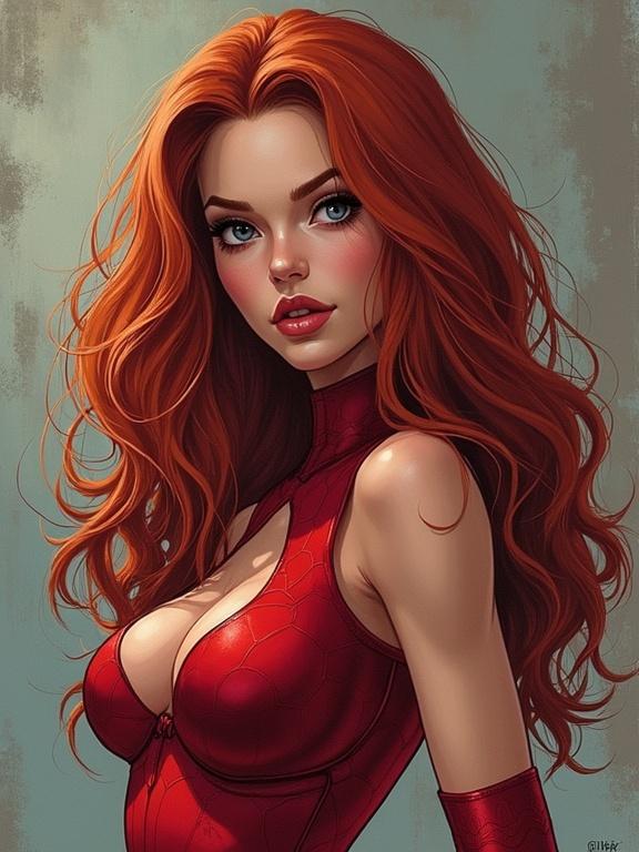 Character design of a superhero with long red hair wearing a red bodysuit. The artwork has a comic style and features an elevated perspective with a focus on the figure and costume details.