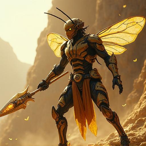 A fierce bee warrior from a sentient insectoid race. Humanoid form with detailed bee-like features. Armor in chitinous plates striped in gold and black. Translucent wings folded behind. Compound eyes glow with intelligence. Antennae twitching with awareness. Wields a spear made from crystallized honeycomb. Warrior's gauntlets have cyber-organic tech. Pollen sacs glow faintly. Hive fortress built into a cliff looms behind. Scene lit with warm golden light.