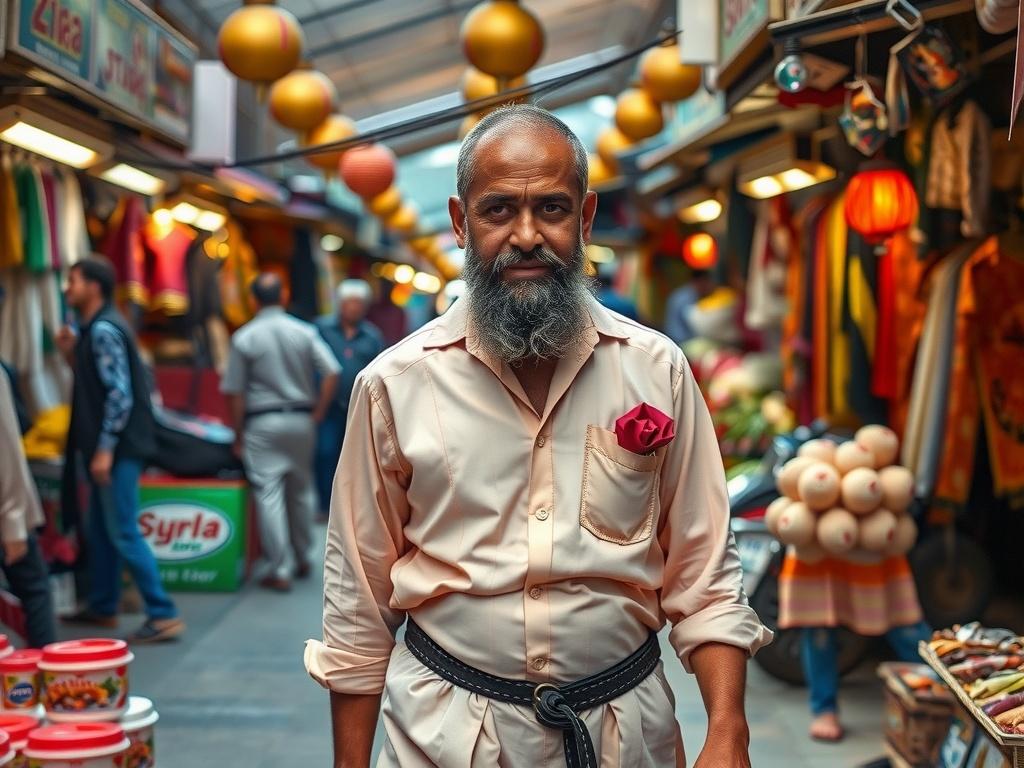 A bearded man with a confident pose stands in a vibrant, bustling market.