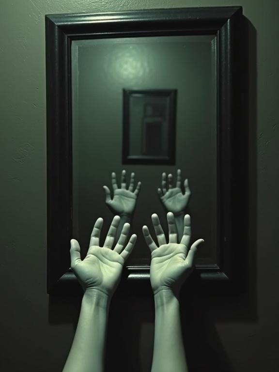 Disembodied hands appear in a mirror. Hands are pale and rising slowly. Dimly lit scene creates a haunting atmosphere.
