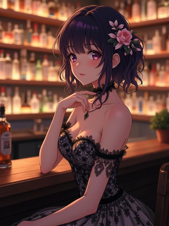Beautiful anime-style lady sits elegantly at a bar counter surrounded by shelves of bottles. She wears a stunning black and white lace dress with floral patterns and off-the-shoulder neckline. Her sleeves have sheer lace. Soft shimmer in fabric reflects ambient light. Expressive deep eyes and soft blush highlight her facial features. Dark violet hair adorned with flowers. Vintage and modern aesthetics create an enchanting experience.
