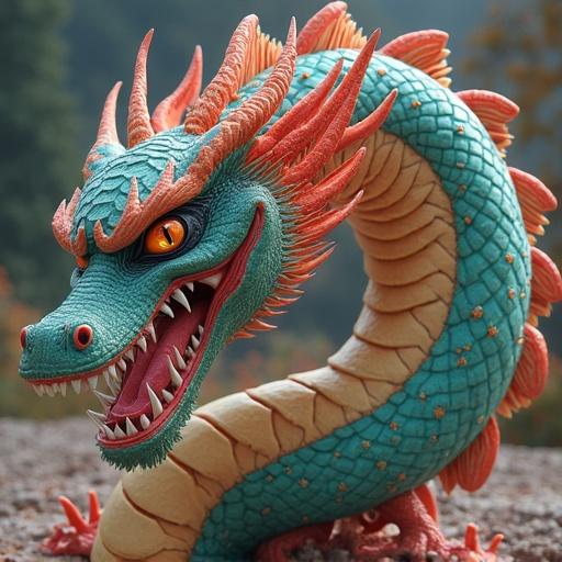 A three-headed dragon with vibrant colors and massive blue eyes. The dragon features sharp spikes and a fierce expression, coiled in a striking pose.