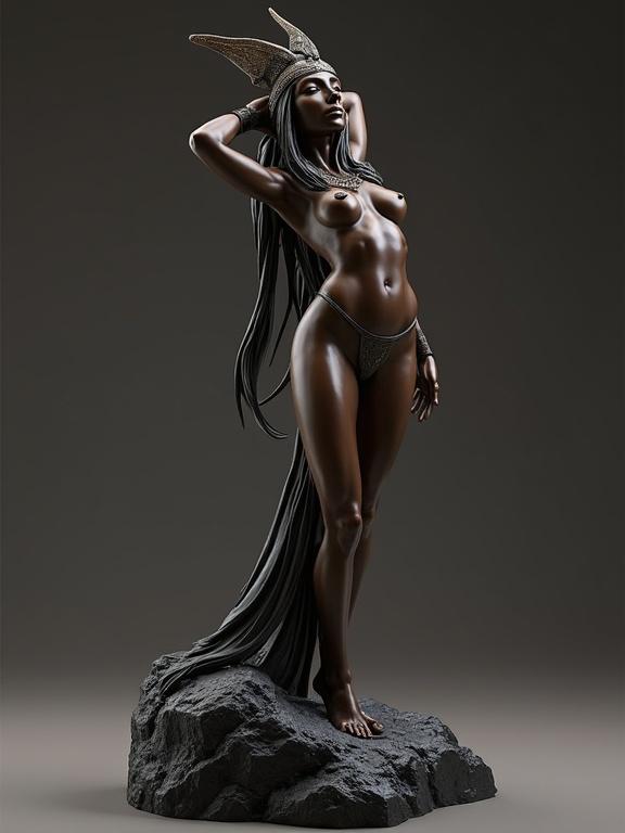 3D sculpture of an Egyptian goddess posing nude on a black lava base