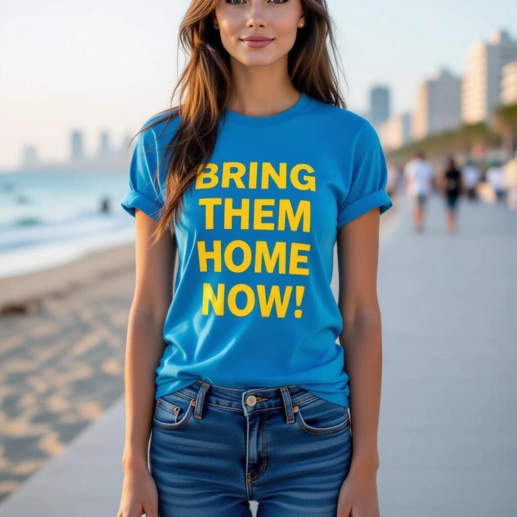 HD photo of a model wearing a blue shirt with yellow text that says Bring Them Home Now! The model is standing straight, showing the upper body and face. Jeans are worn. Background shows a beach promenade in Tel Aviv with a blurred landscape.