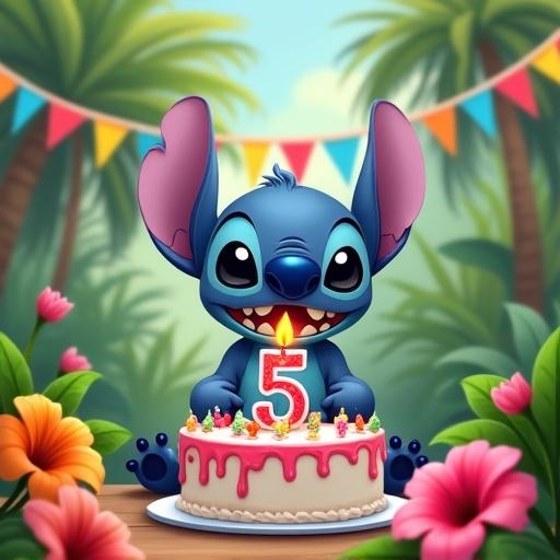 Stitch character in a tropical park with colorful birthday cake with number 5 candle. Surrounded by tropical flowers and colorful flag banner in the background. Cake is written with Skye.