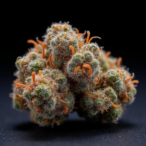 Ultra-macro photograph of Grandaddy Purp indica cannabis bud. Focus on asymmetrical, irregular shape. Deep royal-purple calyxes with frosty trichomes. Vibrant orange pistils curl across surface. Notice trimming flaws. Texture uneven and slightly rough. Matte black background with soft shadow. Square ratio.