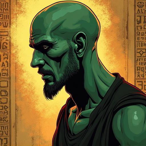 Anime-style digital illustration showcasing a man with ash-green skin. Soft warm lighting creates depth. Dramatic shadows and composition enhance the scene. Detailed textures reflect realistic artistry. Background features ancient papyrus with mystical runes.