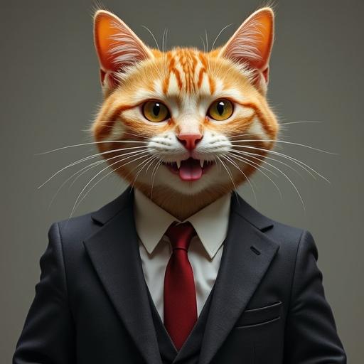 A semi-realistic cat wearing a suit with a tilted head and a playful grin. The cat has its tongue slightly out.