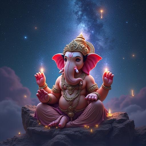 A cosmic-style Lord Ganesha symbol pulses with light. Sound waves ripple across galaxies. Glowing Sanskrit symbols float in the sky.