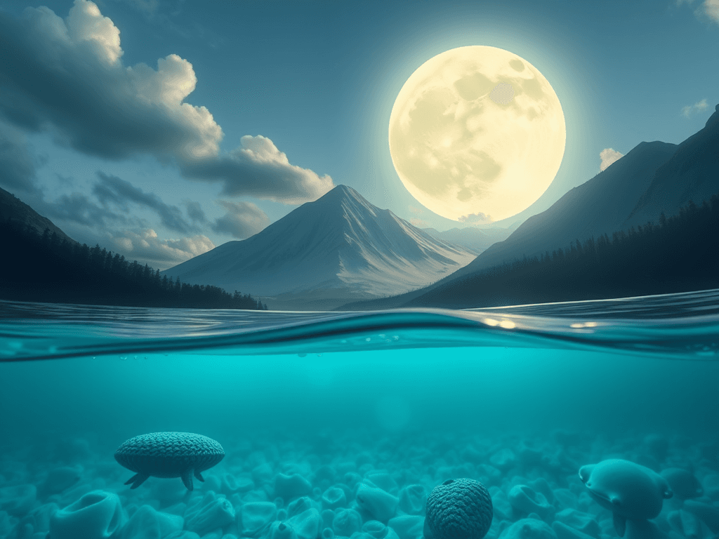 A massive full moon rises over a mountainous landscape, with an underwater view showcasing various sea creatures and rocks.