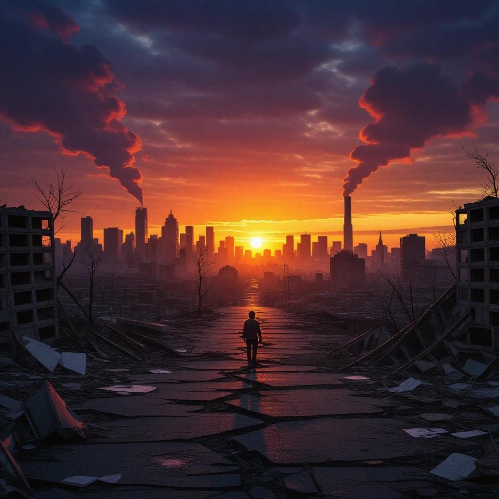 Apocalyptic landscape at sunset showing nature taking over the city. A person stands alone in the foreground with a city skyline in the background. Smokestacks release smoke against a colorful sky.