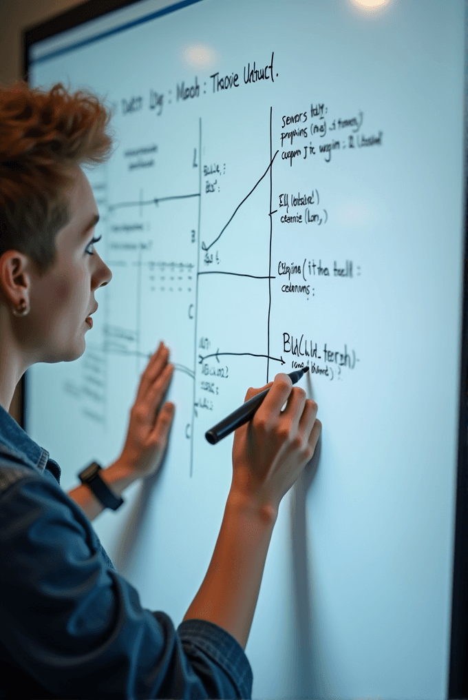 A person writes detailed notes and diagrams on a whiteboard, focusing on planning and organization.