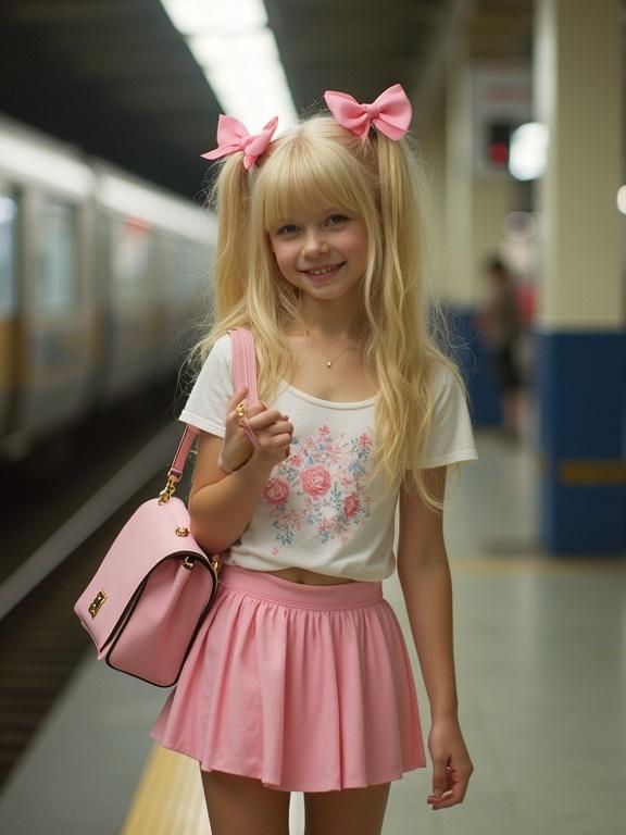 A young girl stands at a train station wearing a cute pink outfit. She has long blonde hair styled in twin tails with pink bows. The girl holds a pink purse and poses playfully. The scene reflects a youthful, vibrant vibe typical of city travel. The photo appears vintage and pixelated, reminiscent of early cellphone images.