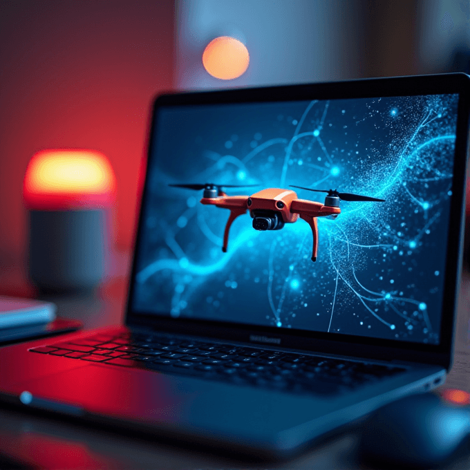 A laptop screen displays a digital image of an orange drone surrounded by blue abstract lines and glowing dots.