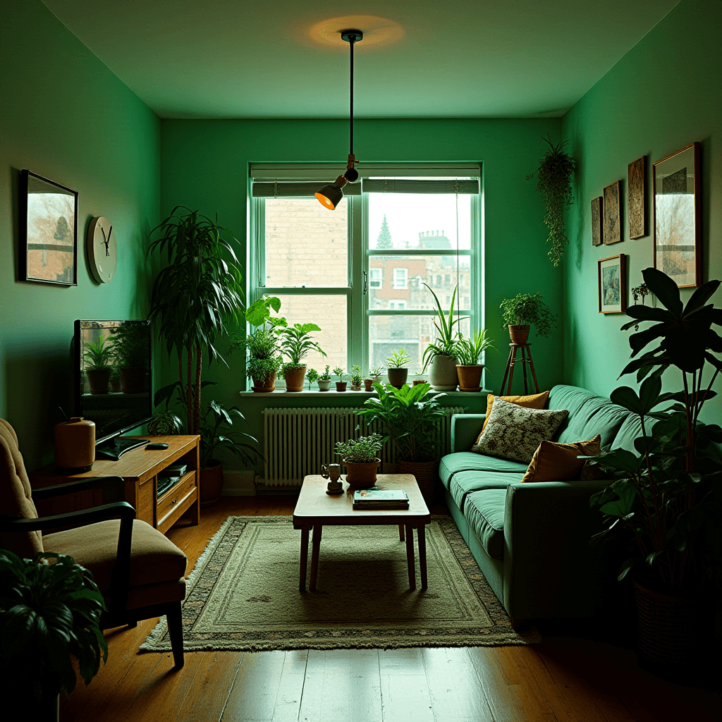 A cozy living room filled with many green plants and a teal couch.