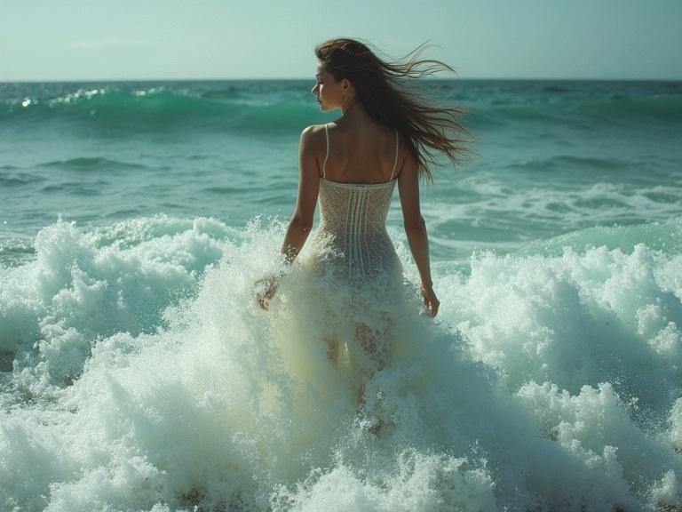 Woman in a beach setting wearing a white dress. Waves crashing around her. Natural sunlight illuminating the scene. Romantic and ethereal atmosphere.