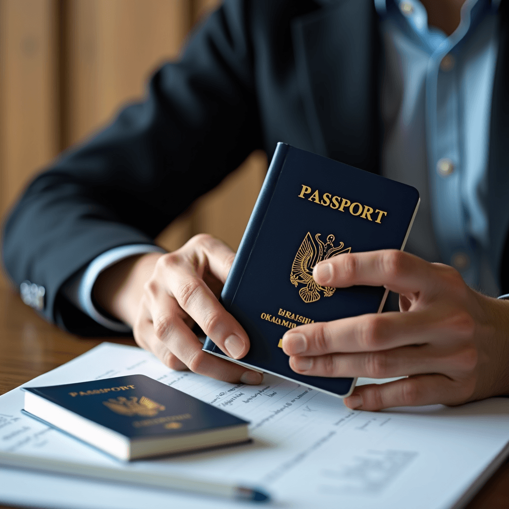 A person in a suit holds a blue passport, indicating preparations for travel.