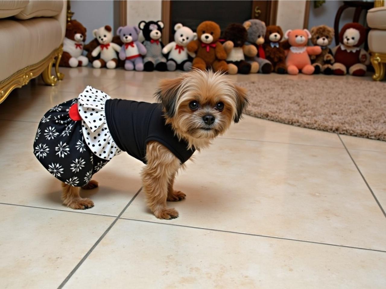 A small dog stands on tiled flooring, looking curiously at the camera. The dog has a fluffy coat with a mix of browns and blacks. It is dressed in a playful outfit that resembles a skirt, featuring a black and white pattern with a red accent. In the background, there are various stuffed animals lined up, suggesting a cozy home environment. The decor around the dog includes a plush rug and elegant furniture, contributing to the warm atmosphere.