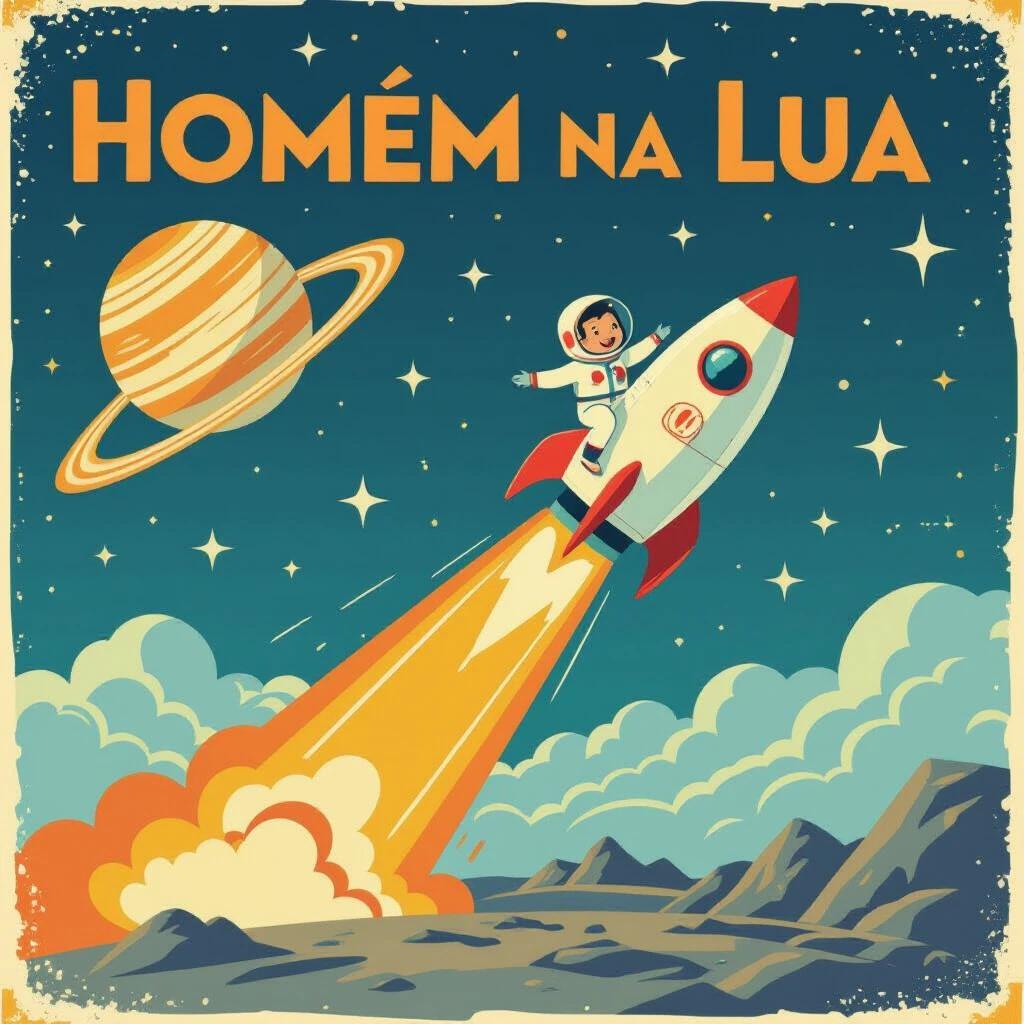 Cartoon illustration featuring a rocket launching into space with a child astronaut. Bright colors and whimsical design. Planets in the background.