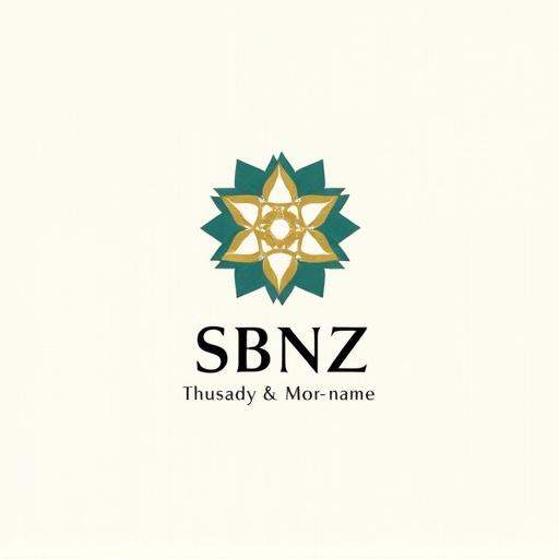 A Moroccan-inspired logo features initials SBNZ in a square emblem above the full name. The background is textured off-white. The emblem includes an eight-pointed star in teal and gold with geometric shapes. The typography below matches the emblem’s colors and design.