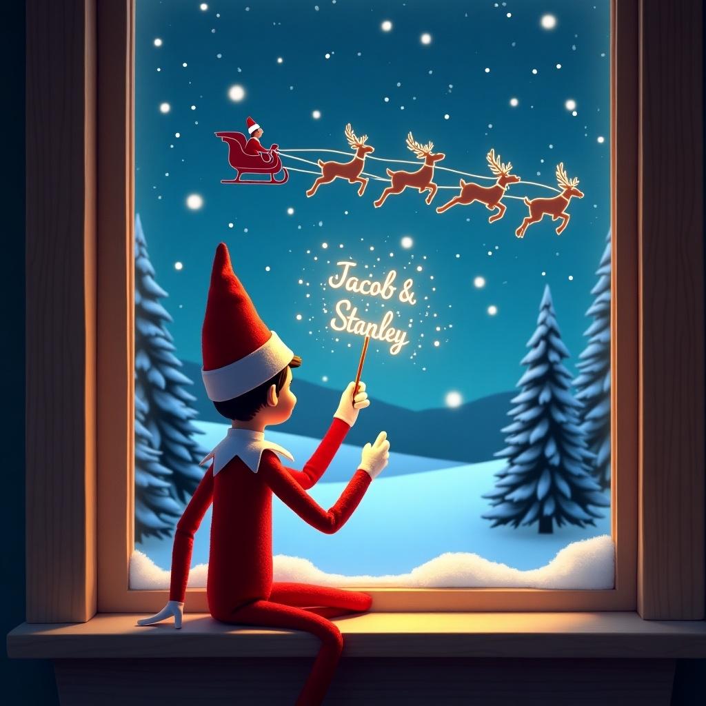 This charming image features an Elf on the Shelf sitting by a window, facing away from the viewer. The elf is joyfully waving a wand to create sparkling magic in the night sky. In the backdrop, Santa is depicted flying in his sleigh with reindeer across a snowy landscape. The names Jacob and Stanley are formed in sparkling letters, adding a personal touch to the scene. The warm glow from the window creates a magical atmosphere, enhanced by the starry sky and pine trees framing the view.