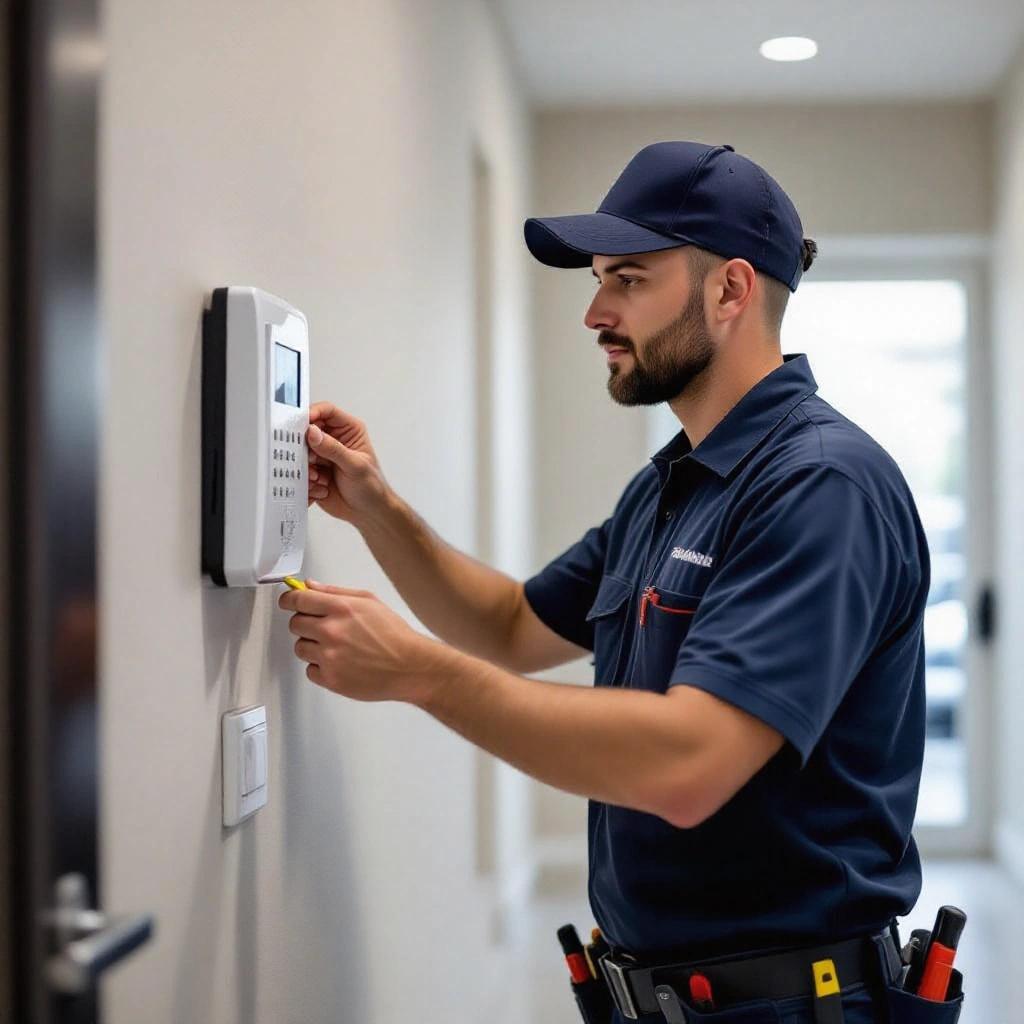 A male technician installs a modern intercom device on a wall. He wears a clean uniform. Holds a tool. The intercom device is sleek and modern. Background shows a clean hallway. Lighting is soft and natural. Focus on technician and device with a blurry background.