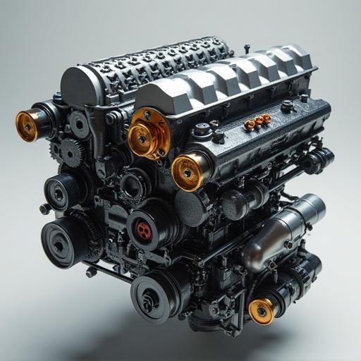 Image of an engine focusing on the oil filter which is part of a combustion engine. Detailed view of mechanical components and textures visible.
