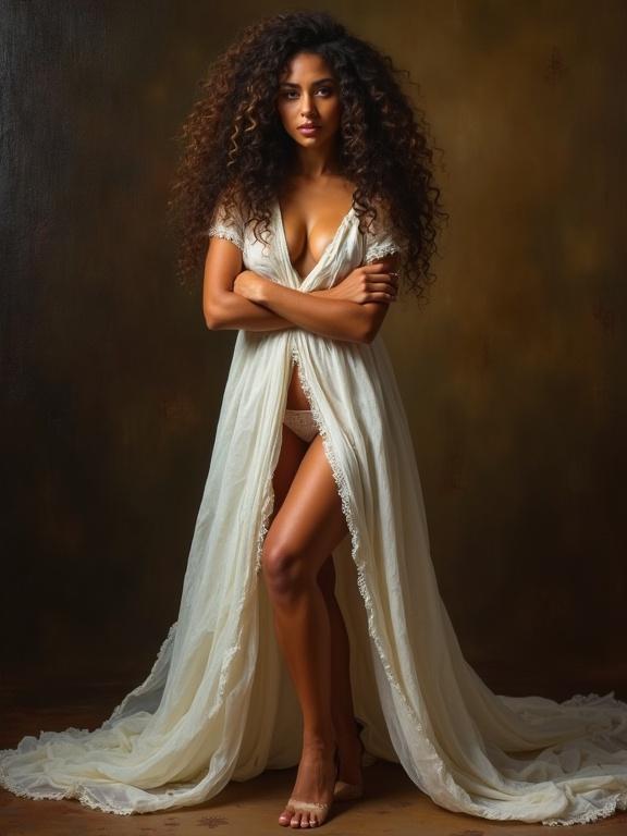 Full body portrait of an individual in a delicate white garment. Long and flowing curly hair. Subject radiates quiet confidence with arms crossed. The background is dark and richly textured. Use rich browns and subtle reds for depth. Balance light and shadow for a dramatic effect. Mood is enigmatic yet inviting. Incorporate expressive brushstrokes for timeless elegance.