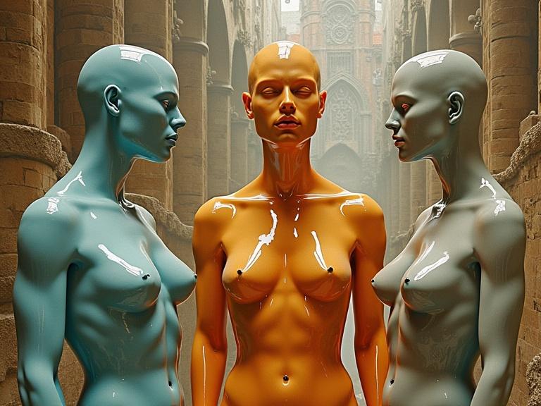 Three anthropomorphic figures in a cathedral setting. Figures have glass-like surfaces in various colors. They include male and female forms. Background features gothic architecture with tall columns.