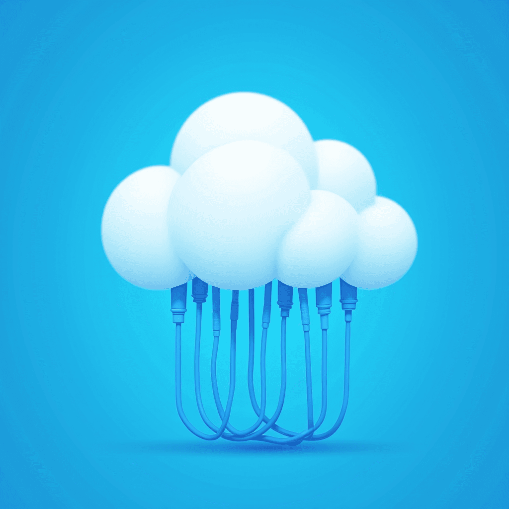 A digital artwork of a white cloud with numerous blue cables protruding from its base, set against a bright blue gradient background.