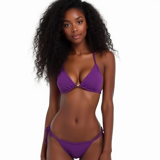 Hyperrealistic image of a young lady with darker skin and curly hair. She wears a purple bikini and looks straight at the camera. Solid white background enhances the clarity of the image.