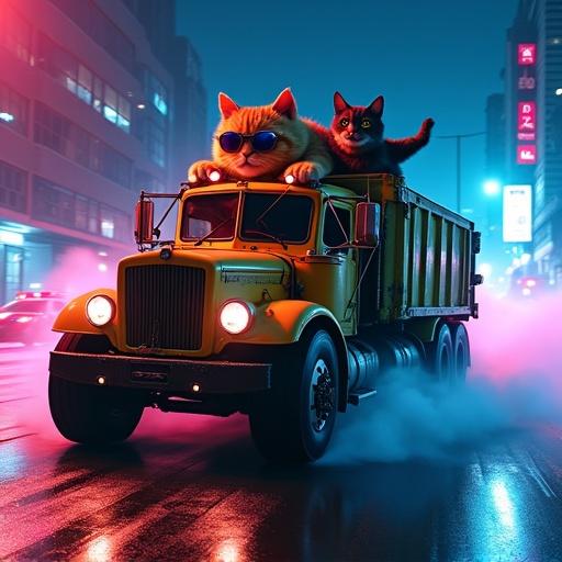 Ultra-detailed cinematic still of an epic nighttime chase scene. Heavily modified garbage truck drifts through neon-lit city streets. Rain-slicked asphalt reflects vibrant pink and blue lights. Behind the wheel is a muscular ginger cat wearing aviators and a red bandana. His arms strain against the steering wheel with a confident smirk. In the trash compactor area are three ripped feline accomplices. The Mechanic a grey tabby in a grease-stained tank top, screams over the engine while gesturing to a glowing 'NITRO' button. The Spotter a sleek black cat perched on the edge using binoculars to track police cars. The Enforcer a white-furred bruiser swings a spiked baseball bat at flying debris.
