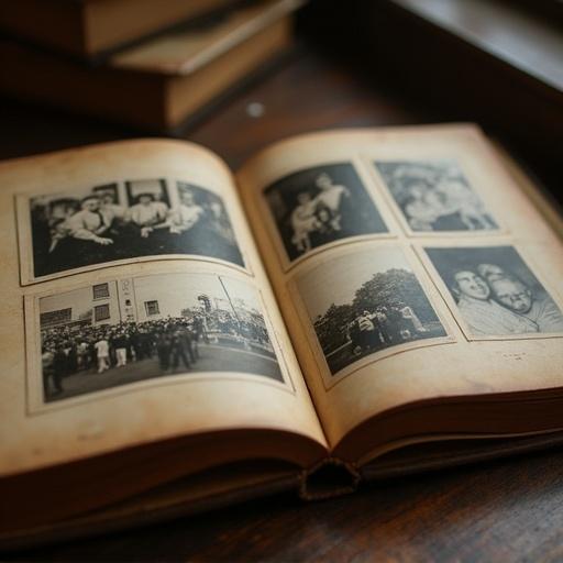 Open photo album with black and white photographs displayed on its pages.