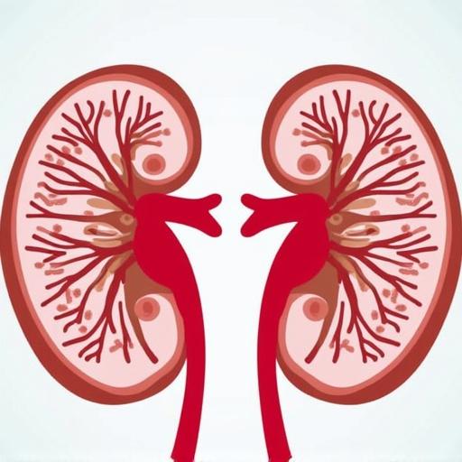 Illustration of kidneys showing blood vessels connecting. Represents heart and kidney interaction. Include the term cardionephrology.