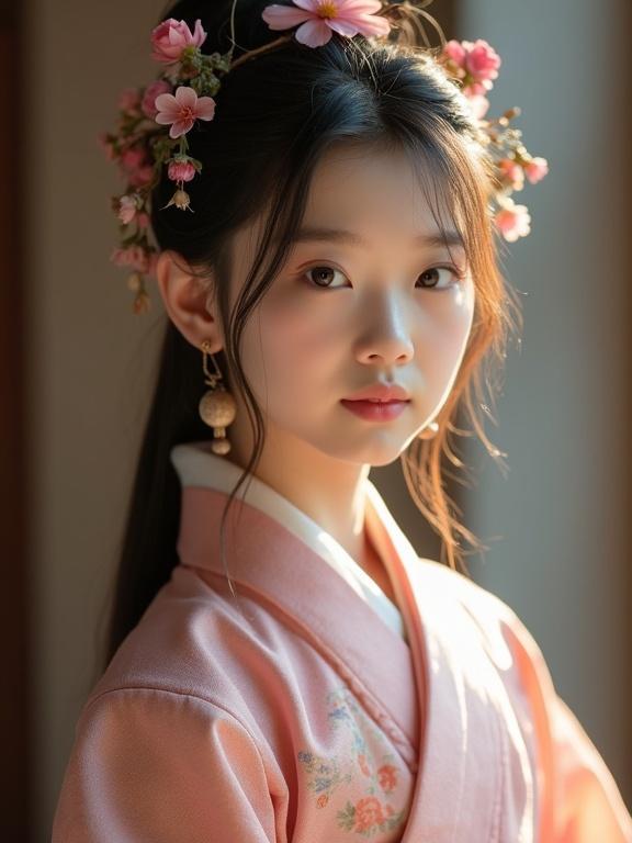 Full body photo of 18-year-old girl wearing traditional hanfu. Delicate features highlighted in soft lighting.