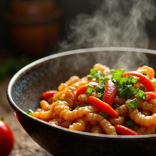 A close-up shot showcasing a bowl of Chinese noodle dish. Noodles topped with diced vegetables. Steam rises from the hot dish. Soft light illuminates the bowl. Dark rustic background enhances the focus on food.