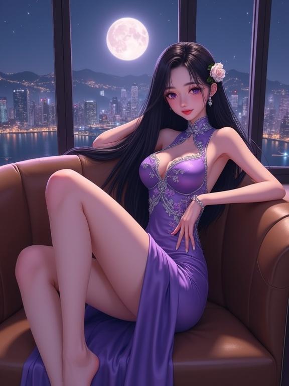 An elegant East Asian lady reclines on a light brown leather sofa. She wears a glossy violet cheongsam-style dress with silver floral embroidery. Long dark violet hair flows over the sofa. One arm rests behind her head while the other gently touches her thigh. Panoramic windows show a glowing night city skyline and a bright full moon. The atmosphere feels luxurious and intimate.