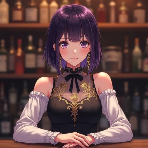 A stunning lady with dark violet hair sits at a bar counter. She has sharp facial features. Calm and intelligent expression on her face. Hair has a subtle wave and fringe. Resting forearms on polished wooden bar. Wearing off-shoulder white sleeves and dark vest. Vest has intricate embroidered detailing. Ribbon adorns neckline. Wearing elaborate dangling earrings. Scene set in a cozy bar ambiance.