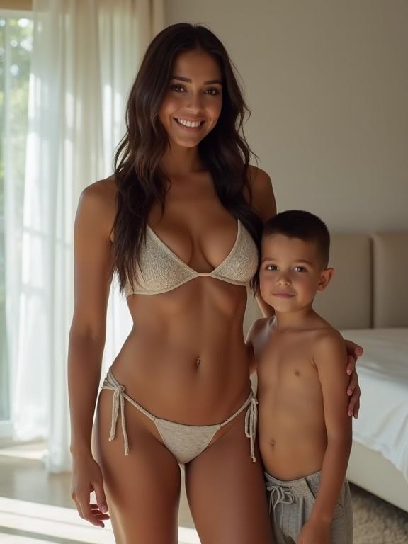 Portrait of a beautiful mother with curves standing in her room wearing a bikini top and tiny shorts. She is smiling with her son next to her, who is wearing a shirt and pants. Light coming through the window creates a warm atmosphere.