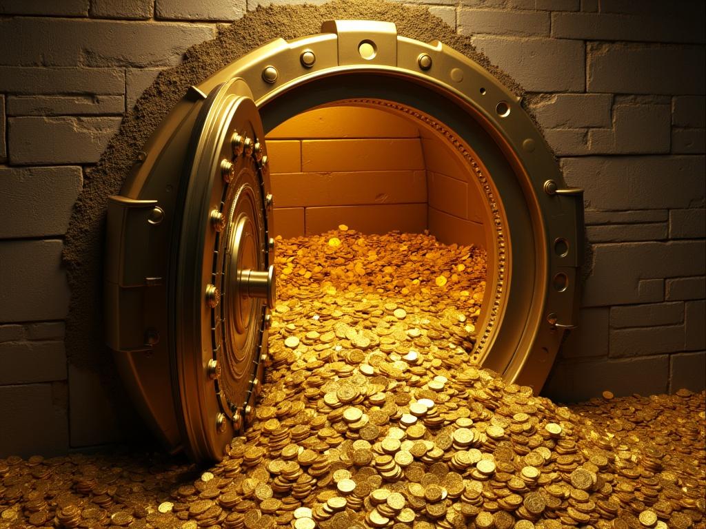 A huge vault filled with gold is depicted, with the door dramatically swinging open as if a button has been pressed. Inside, it's overflowing with shimmering gold coins and glimmering bars, creating a sense of opulence and excitement. The scene is detailed, capturing the rich textures of the gold and the thrill of treasure discovery, all set against a contrasting backdrop.