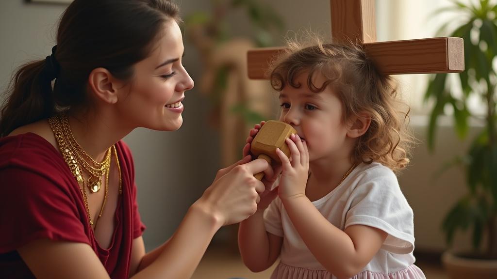 A mother and daughter engage in playful activities. The child pretends with a pacifier while being playfully positioned against a cross. The mother holds a toy hammer as they enjoy this imaginative scenario together. The environment is cozy and inviting, fostering creativity and joy between them.