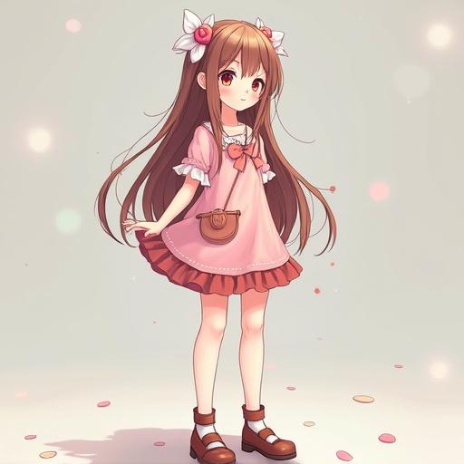 Anime character model in a cute outfit with long brown hair and accessories. The character stands in a full body view, showcasing her colorful clothing and joyful expression. 