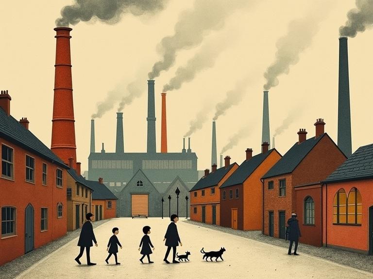 An industrial scene featuring matchstick figures of people walking along a street. Includes cats and dogs. Smoky chimneys in the background. Naive art style with muted colors.