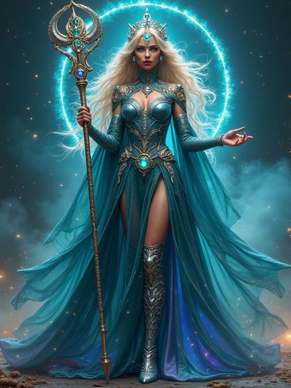 A full-body wide shot of a cosmic guardian woman. She has brilliant golden teal hair with iridescent silver. Her face is ethereal with glowing neon blue eyes. Complexion shifts in shades of deep obsidian, flecked with bioluminescent specks. Draped in futuristic robes flowing like liquid metal to her feet, covered in boots. Intricate tattoos pulse with light, changing colors based on emotion. Cloak has advanced nanotechnology with floating symbols. She wields a crystalline scepter emitting warm light with embedded gemstones. Holographic constellations project around her. A crown with pulsating gemstones indicating status and emotions is present. Overall effect is of a cosmic guardian, embodying beauty and energy.
