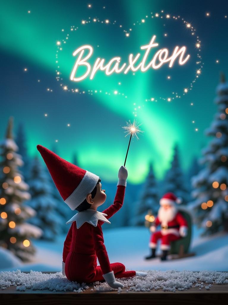 An elf on the shelf gazes at the night sky. Elf writes the name Braxton with a magical wand. Background features snowy trees and northern lights. Santa Claus is seen in the distance celebrating the season.