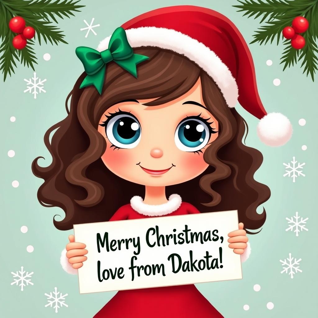 Cartoon character depicts a girl with curly brown hair and large blue eyes. She is dressed in a red Christmas outfit and a Santa hat with a green bow. Background is festive with Christmas decorations and snowflakes. She is holding a sign that conveys a Christmas message.