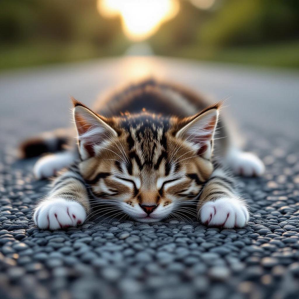 Image shows a kitten lying on the ground with its face tucked down. The kitten is relaxed and sleeping peacefully on the road. The background shows a blurred landscape filled with greenery and soft lighting.