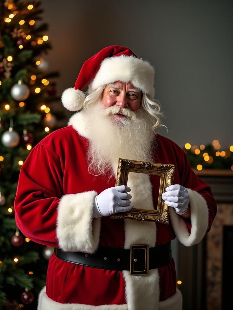 Santa Claus in a red suit holds a decorative picture frame. Background features a Christmas tree. Soft lighting creates a warm ambiance.