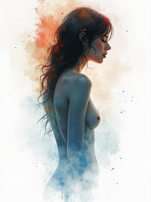 Artwork blending styles of Willem Haenraets and Carne Griffiths with a silhouette of a nude figure surrounded by watercolor splashes and white space.